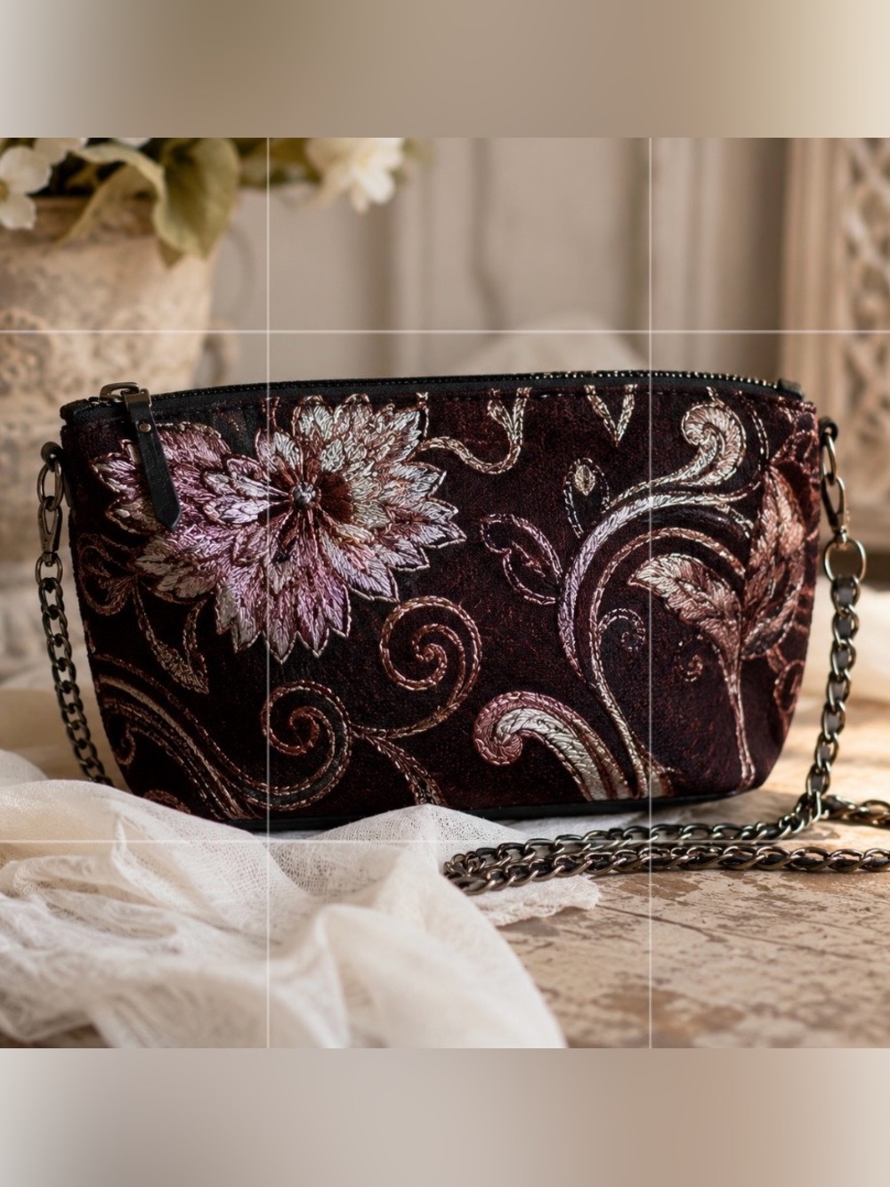 Gigi Hill Mini Floral Paisley Embroidered Crossbody Bag Burgundy Silver Chain